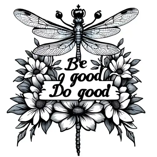 "Be good Do good" dragonfly on a crown surrounded by bold flowers tattoo design idea