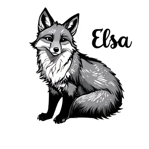 Elsa name written/over fox sitting tattoo design idea