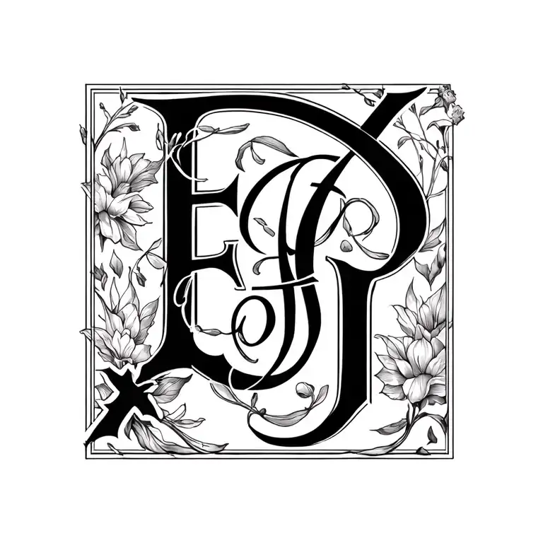 initial monogram tattoo letter E G E J B 3D representation with cross  tattoo design idea
