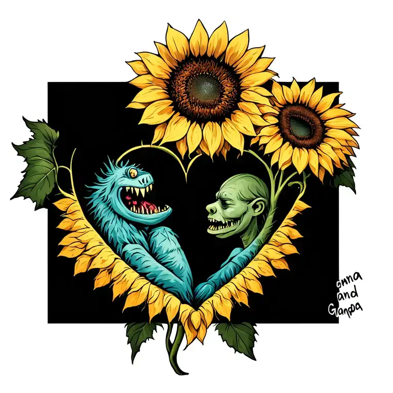 a sunflower with a monster laying in it with The words grandma and grandpa make a heart  tattoo design idea