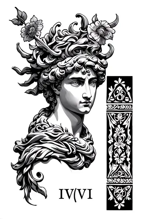 Tattoo featuring Hermes, IV/VI (my birth date)and azulejos pattern tattoo design idea