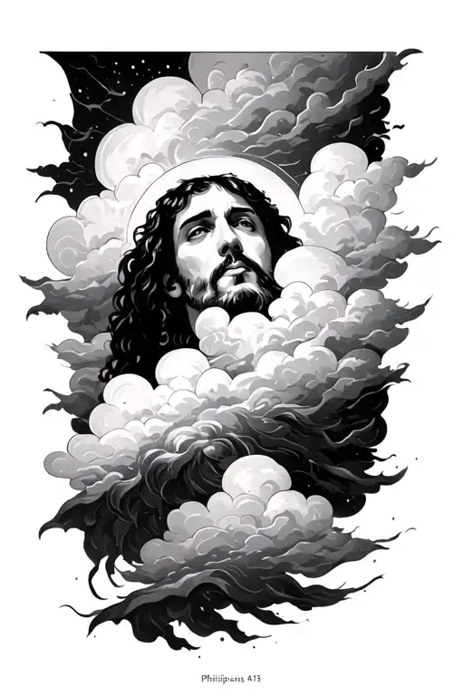 • Philippians 4:13 - "I can do all things through Christ who strengthens me." black and white with shaded clouds tattoo design idea