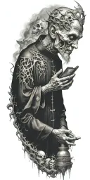 A haunting image of a priest communing with demonic entities in a ritualistic setting tattoo design idea