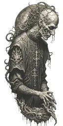 A haunting image of a priest communing with demonic entities in a ritualistic setting tattoo design idea