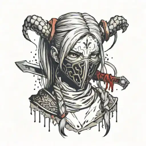 Dark Souls with hair with pigtails with blood on face head mask Bust portrait tattoo design idea