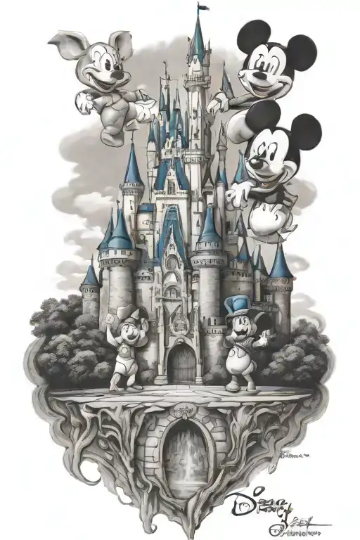 family at Disney castle tattoo design idea