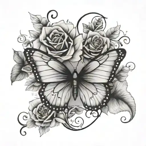 diagonal butterfly tattoo with flowers combine with roses and a name  tattoo design idea