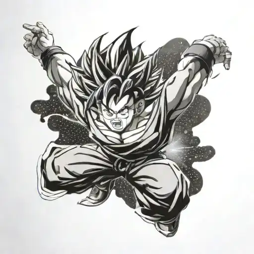 A dynamic scene of Goku powering up with energy swirling around him, capturing the essence of Dragon Ball Super tattoo design idea