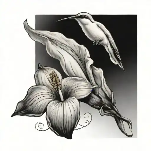 cala lily with a hummingbird flying tattoo design idea