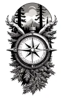 hunting, compass, forest tattoo design idea