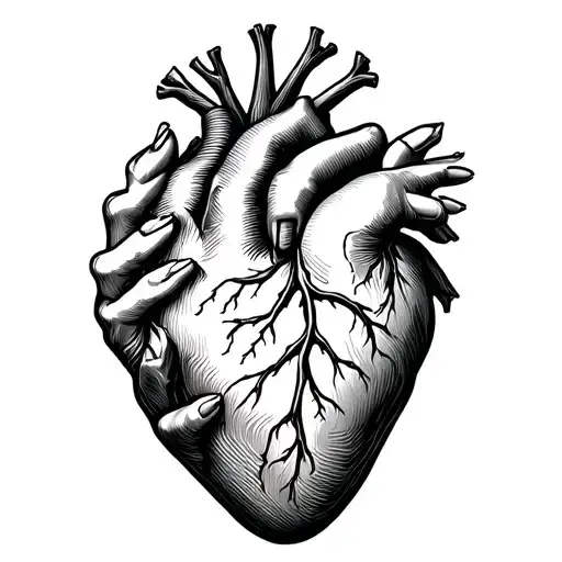 a hand holding a human heart tattoo design idea