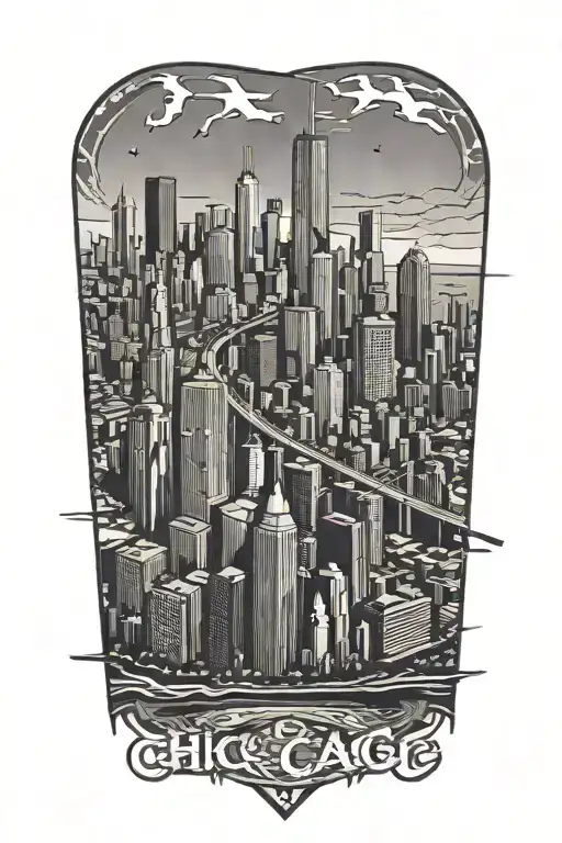 Geometric Chicago Skyline with Marathon Runner crossing finish line tattoo design idea