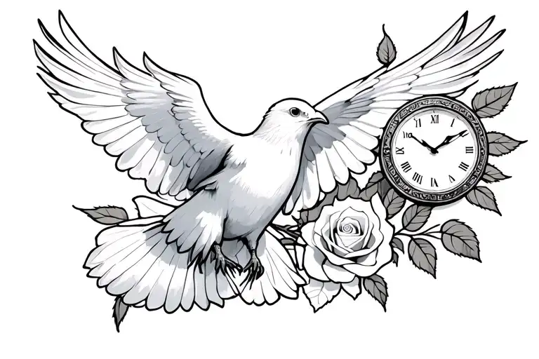 a white dove flying in front of a rose. there's a clock coming out of the rose tattoo design idea