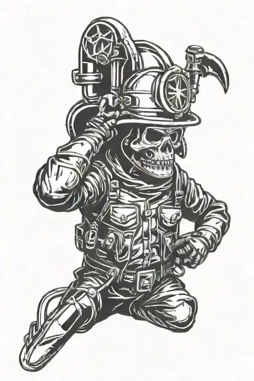 firefighter with scary skull head wearing leather firefighter helmet wearing fighter gear holding vertical fireman hook tattoo design idea