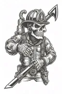 firefighter with scary skull head wearing leather firefighter helmet wearing fighter gear holding vertical fireman hook tattoo design idea
