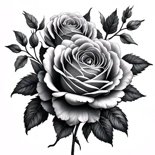 Generates a floral image in Black & Gray: a design of realistic roses and peonies that starts at the top where tattoo design idea