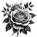 Generates a floral image in Black & Gray: a design of realistic roses and peonies that starts at the top where tattoo design idea