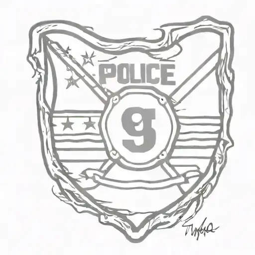 Police badge number 949 with tattered American flag tattoo design idea