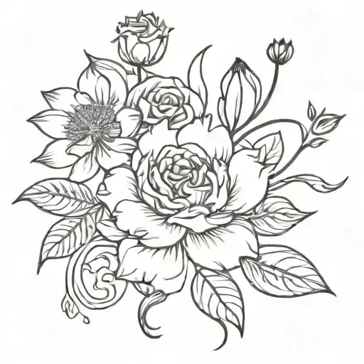 rose, carnation, water lily, honeysuckle, daisy, sweetpea, larkspur, snowdrop tattoo design idea