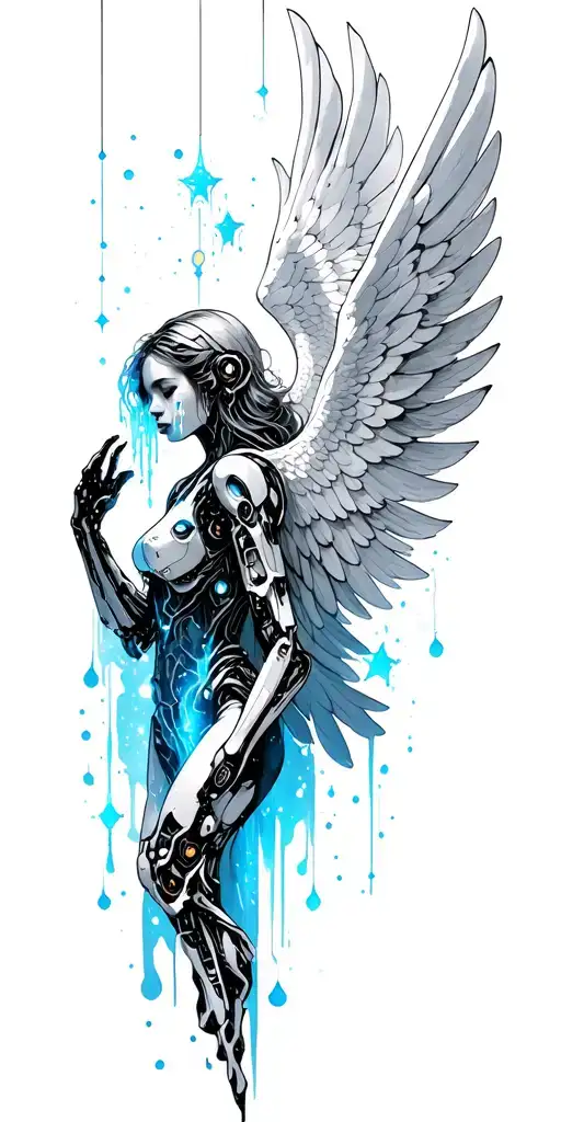 A cybernetic angel shedding tears of stardust in a surreal space setting tattoo design idea