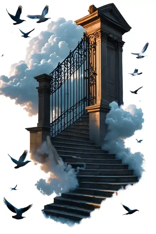 staircase to heaven gates surrounded by clouds doves flying by  tattoo design idea