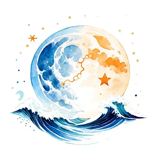 full moon, waves, star, infinity tattoo design idea