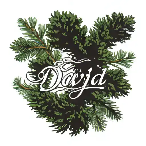 Center the name “David” in a flowing, elegant script font. Incorporate tall, slender evergreens (like Douglas firs or pi tattoo design idea