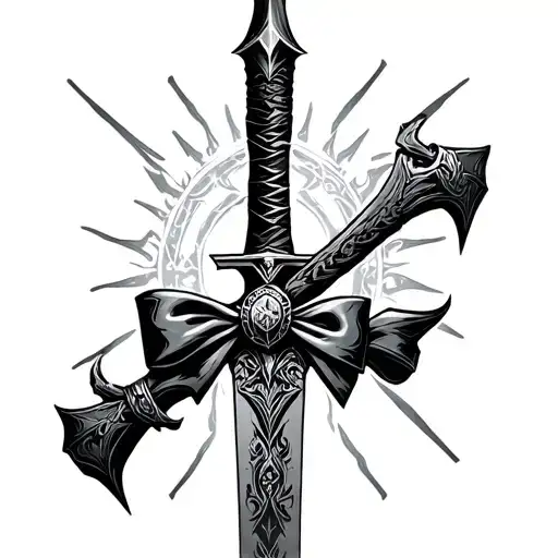 a doom eternal crucible sword with a bow tied on the handle  tattoo design idea