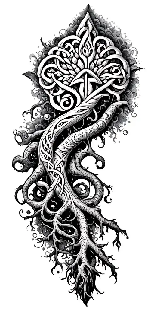 large yddrasil on shoulder with deep vining roots transitioning into Celtic tribal down forearm tattoo design idea