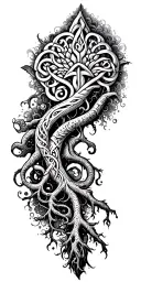 large yddrasil on shoulder with deep vining roots transitioning into Celtic tribal down forearm tattoo design idea