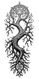 large yddrasil on shoulder with deep vining roots transitioning into Celtic tribal down forearm tattoo design idea