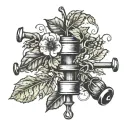 A barbell intertwined with coffee beans and ivy vines tattoo design idea