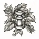 A barbell intertwined with coffee beans and ivy vines tattoo design idea