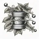 A barbell intertwined with coffee beans and ivy vines tattoo design idea