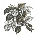 A barbell intertwined with coffee beans and ivy vines tattoo design idea