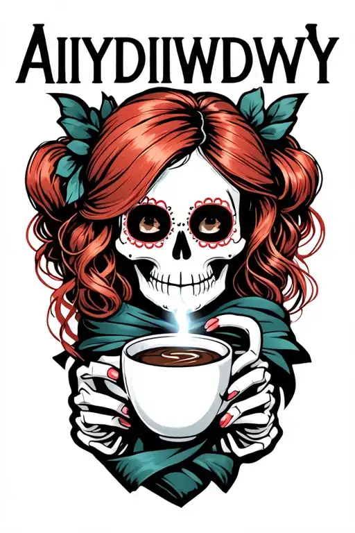 "AIYDIWDWY" sugar skull skeleton with red hair in a bun wearing a hair scarf holding a steaming cup of coffee tattoo design idea