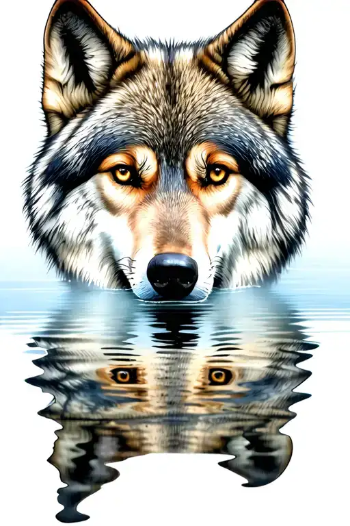 wolf face staring into water reflection  tattoo design idea