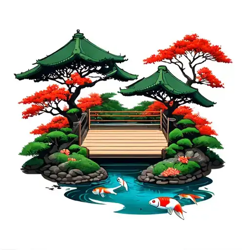 Japanese Garden with a wrestling ring in the corner and a koi pond tattoo design idea