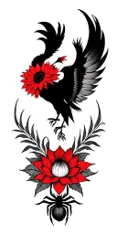 feminine phoenix rising wings spread long flowing tail feathers with sunflowers, lotus and red spider Lilly flower tattoo design idea