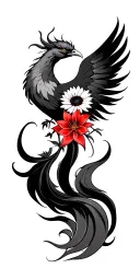 feminine phoenix rising wings spread long flowing tail feathers with sunflowers, lotus and red spider Lilly flower tattoo design idea
