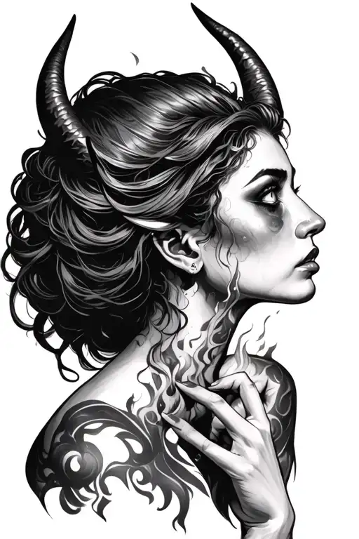 a side profile of a devil woman with burning from her  eyes looking up with a hand holding her throat tattoo design idea