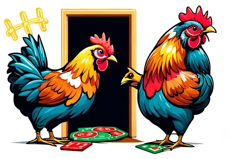 2 chickens playing craps in an ally.  neon lights above a door behind them  tattoo design idea