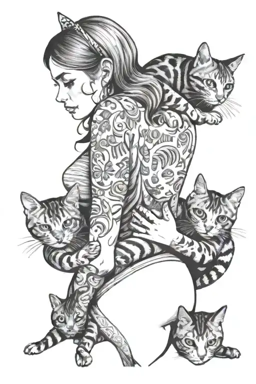 a woman holding a cat while surrended 5 cats tattoo design idea