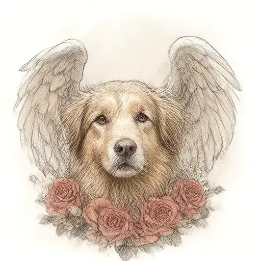 dog memorial tattoo, nova scotia duck tolling retriever with angel wings, and roses tattoo design idea
