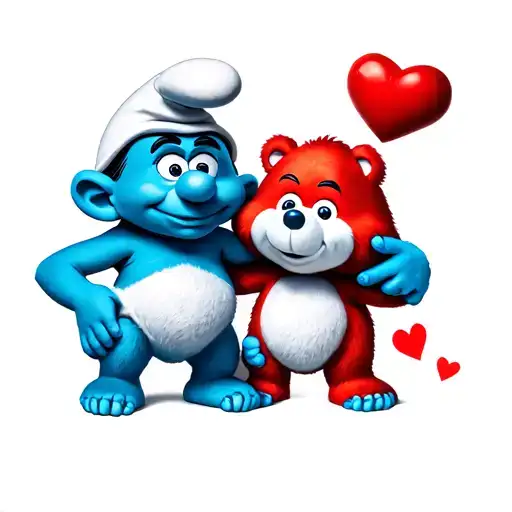 Papa Smurf with arm around Tenderheart Carebear tattoo design idea