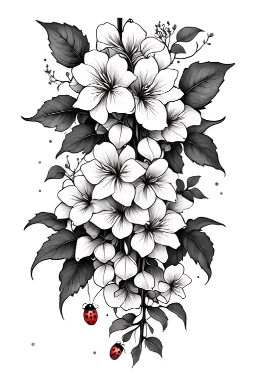 mix between minimalist and maximalist incorporating wisteria, clematis, and lady bugs. sleeve tattoo design idea