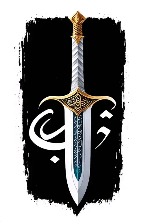 sword with arabic calligraphy tattoo design idea
