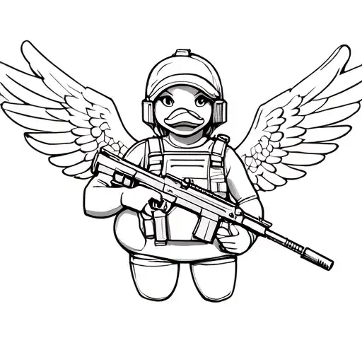 a simple female rubber duck in tactical plate carrier, a svd sniper rifle with a silencer, and a peice of candy on wing tattoo design idea