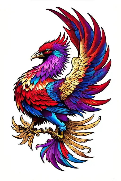 long tailed purple, gold blue and red phoenix in profile with wings pointing behind tattoo design idea
