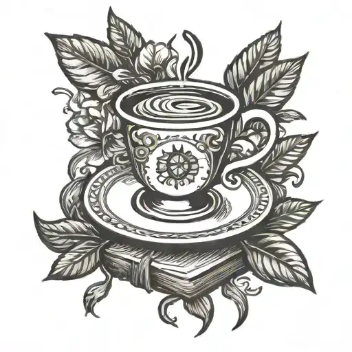 coffee cup with book surrounded tattoo design idea